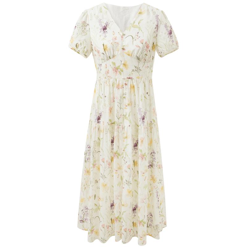 SANCAI 100% Cotton V-Neck Floral A-Line Maxi Dress M 160/84A