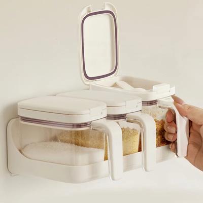 Moisture Proof Sealed Seasoning Box Wall Mounted Set, Kitchen Seasoning Tank, Salt Tank, Seasoning Bottle with Spoon
