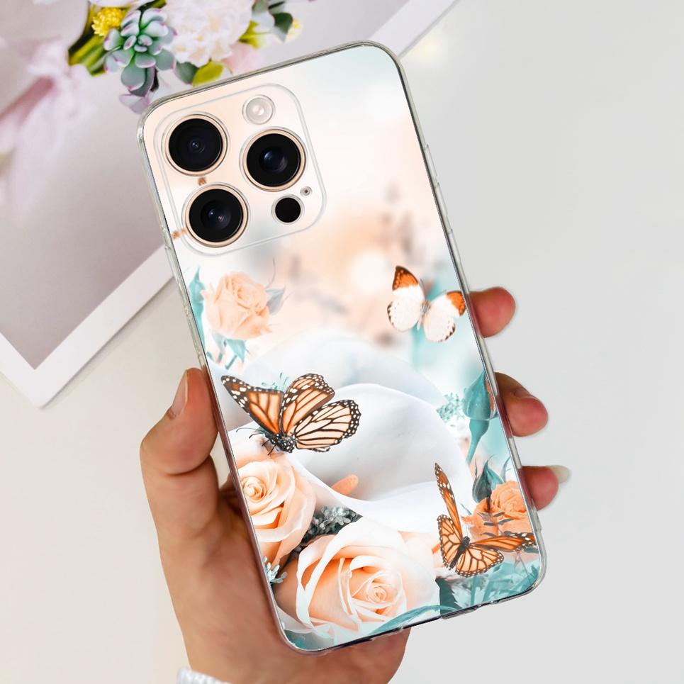 Flower Butterfly Women Fashion Back Cover For iPhone 16 Pro 16 Plus 16 Pro Max Phone Funda Transparent Soft TPU Silicone Case