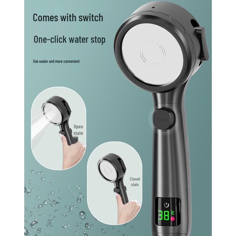 Four-Speed LED Display Temperature Control Shower Head with One-Key Stop Function