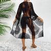 Damskie Czarne Koronkowe Szydełkowane Kimono Cover Up Haft Kwiatowy Przezroczysta Siatka Wiązane w Pasie Odzież Plażowa
