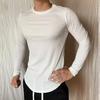 Sport-Oberteil für Herren, Slim Fit, hohe Elastizität, gestreifte Textur, Rundhalsausschnitt, schnelltrocknend, lange Ärmel, Slim Fit, Kompression, Figurformend, für Fitnessstudio, Laufen