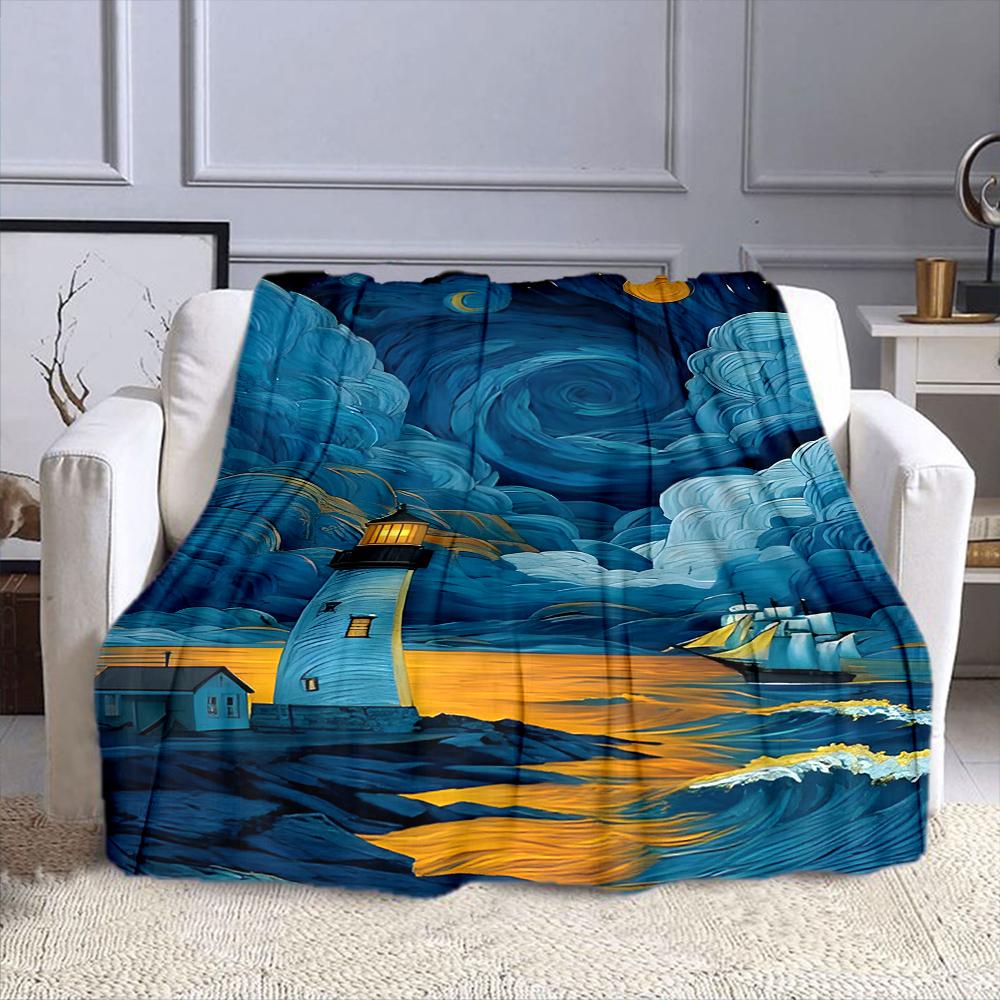 "Night Lighthouse and Sailing Ship Scene" Patterned Flannel Blanket Perfect for the Bedroom Living Room, Sofa, or a Little Nap
