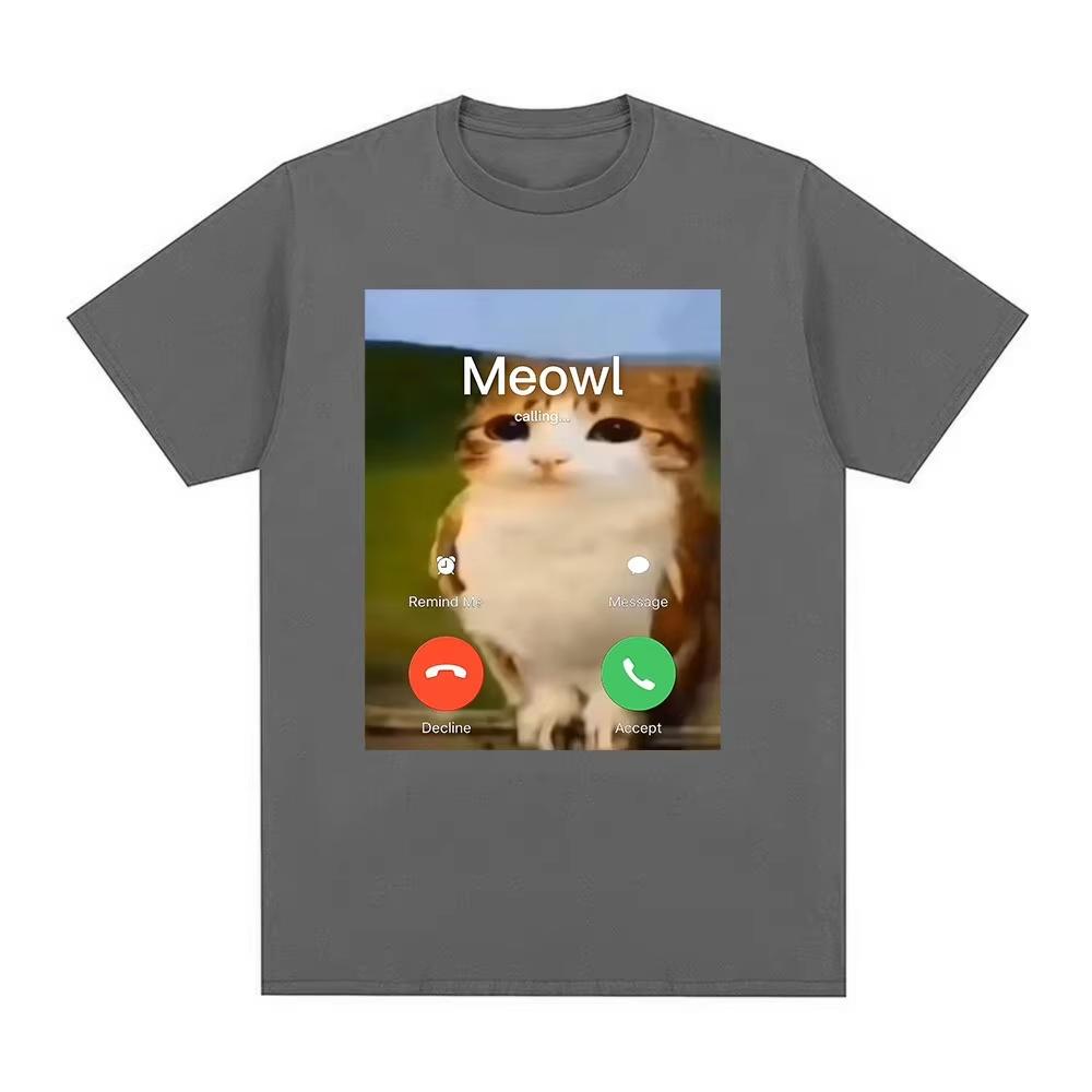 Meowl Is Calling Phone Call Meme Brainrot Funny Cat Owl Tshirt Unisexs Womens Plus Size Casual Short Sleeve Crew Neck Cotton Tee