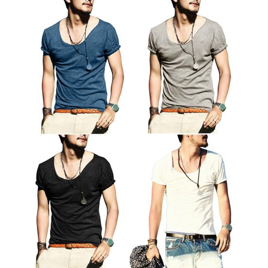 Herre Sommer T-shirt Stor V-hals Tynd Ensfarvet Slim Fit Blød Åndbar Korte Ærmer Mellemlang Strækbar Afslappet Daglig Herre Top