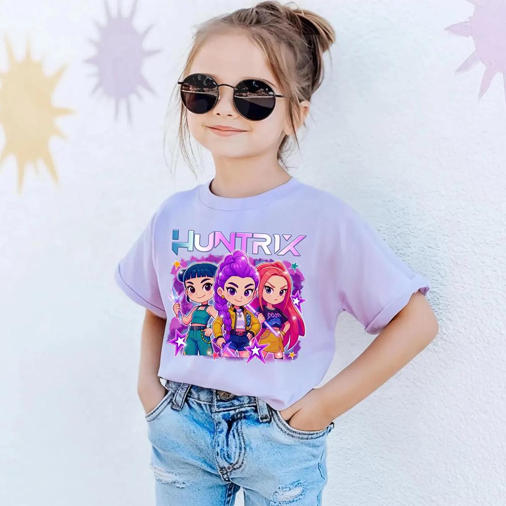 Summer Kids T-shirt Kpop Demon Hunters Pattern Print Short-sleeved Tops Tees Casual Girl T-shirt Kids Streetwear