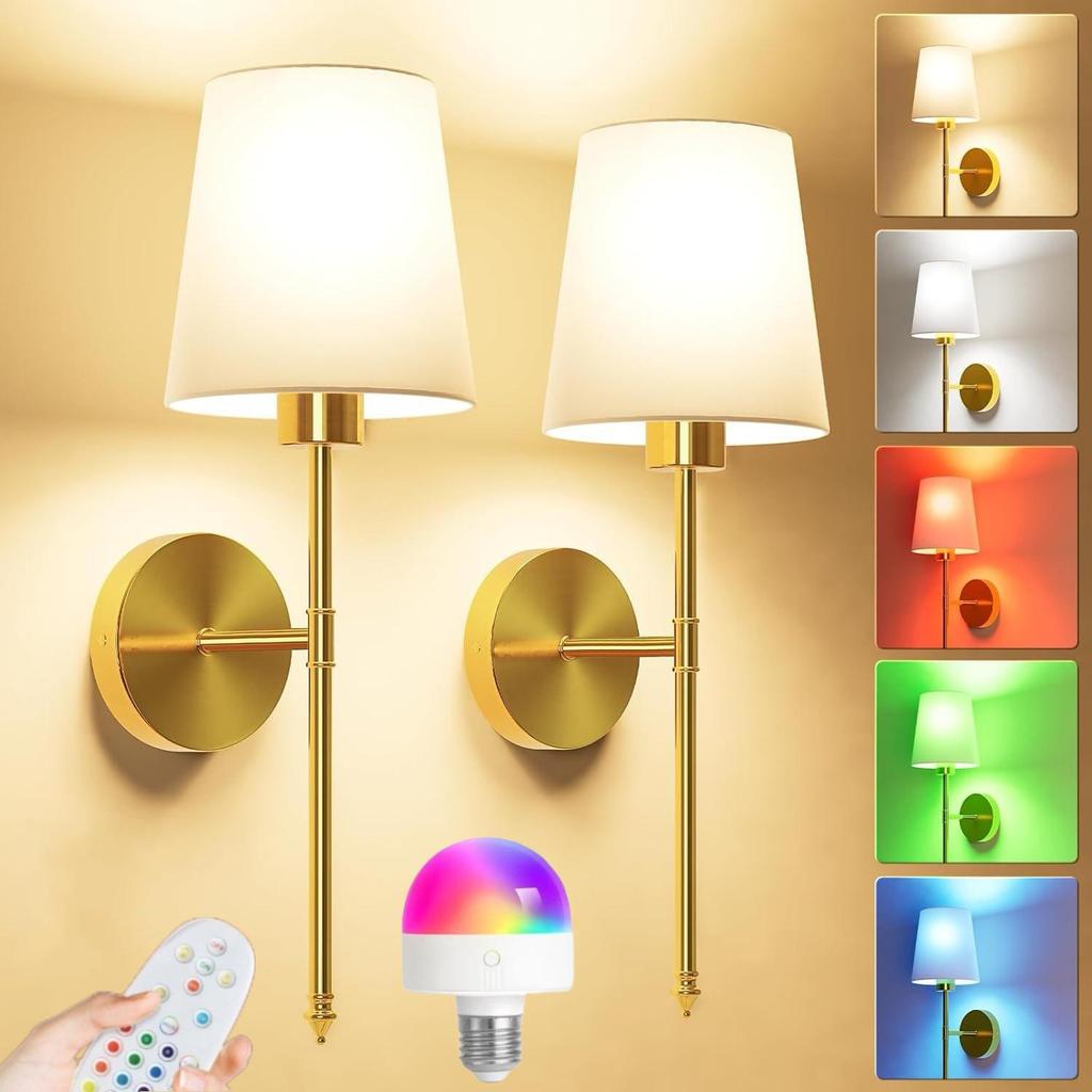 American-Style Wireless RGB Wall Lamp with Remote Control and Fabric Shade for Bedside, Living Room, or Stairwell