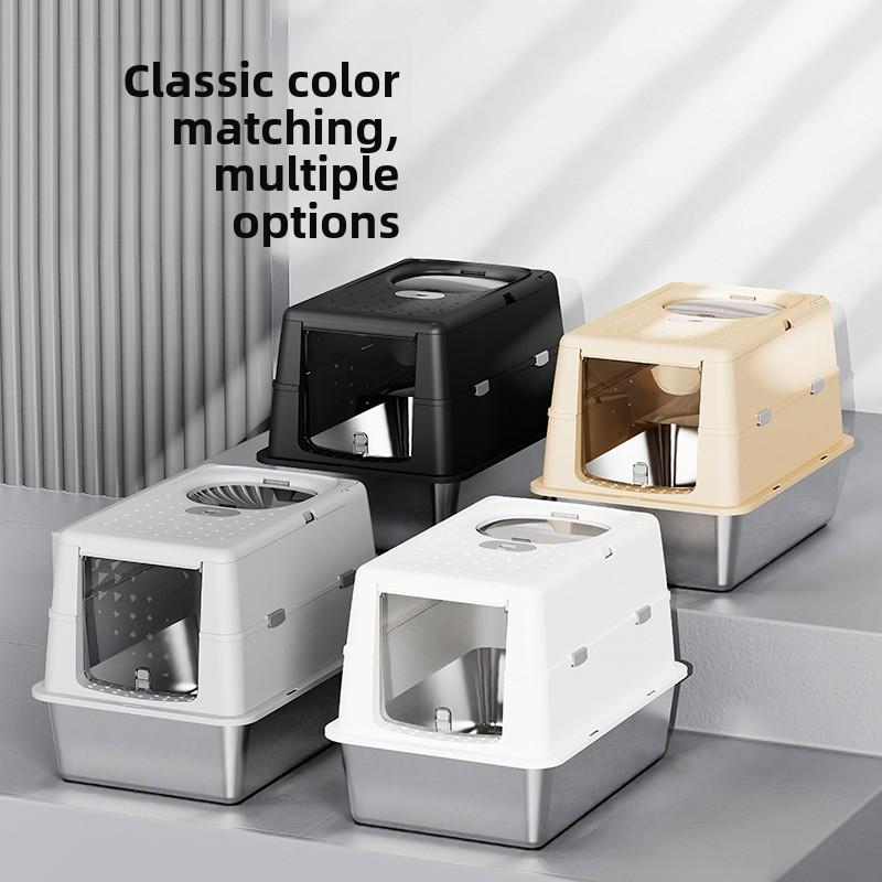 Stainless Steel Closed Cat Litter Box, Fully Closed Flip, Oversized, Heightened and Thickened Anti-splash Top-entry Cat Toilet