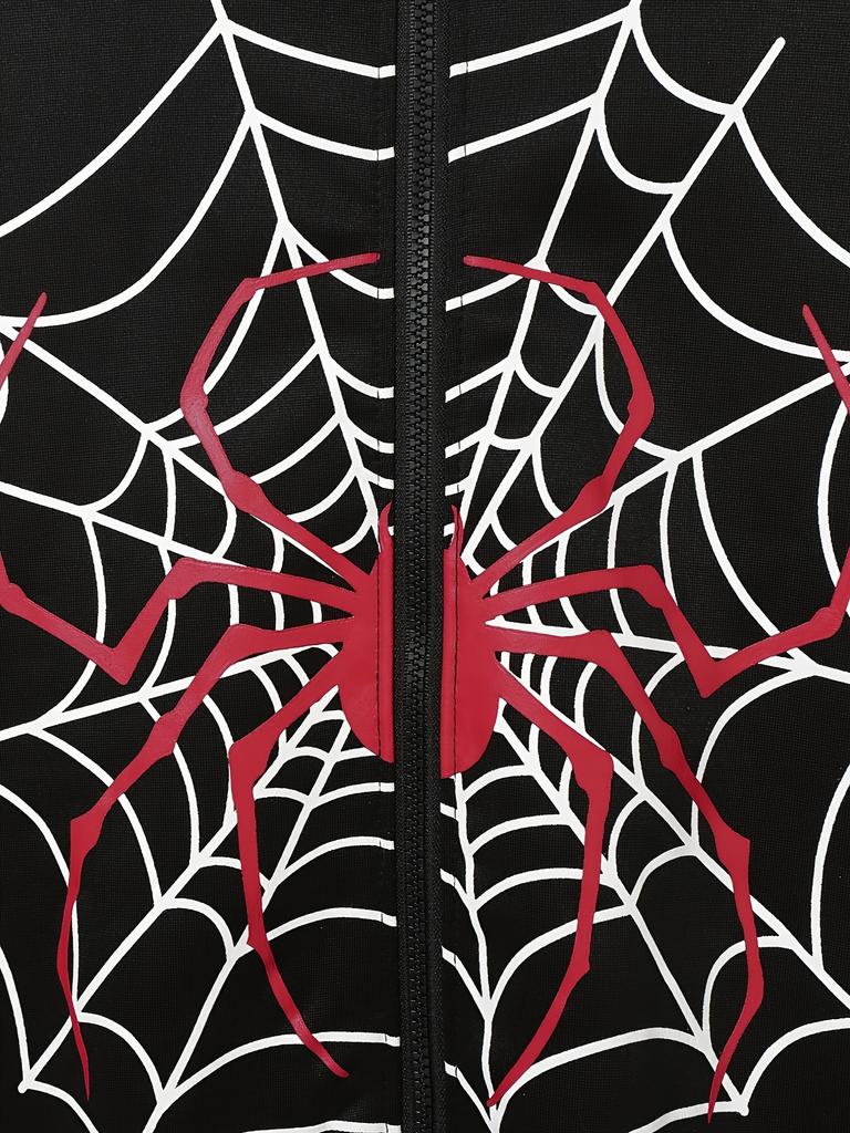 Y2K Fleece Hoodie für Damen – Spinnennetz-Print Lockerer Reißverschluss Kapuzen-Cardigan, Grunge Streetwear Oversized Sweatshirt weniger