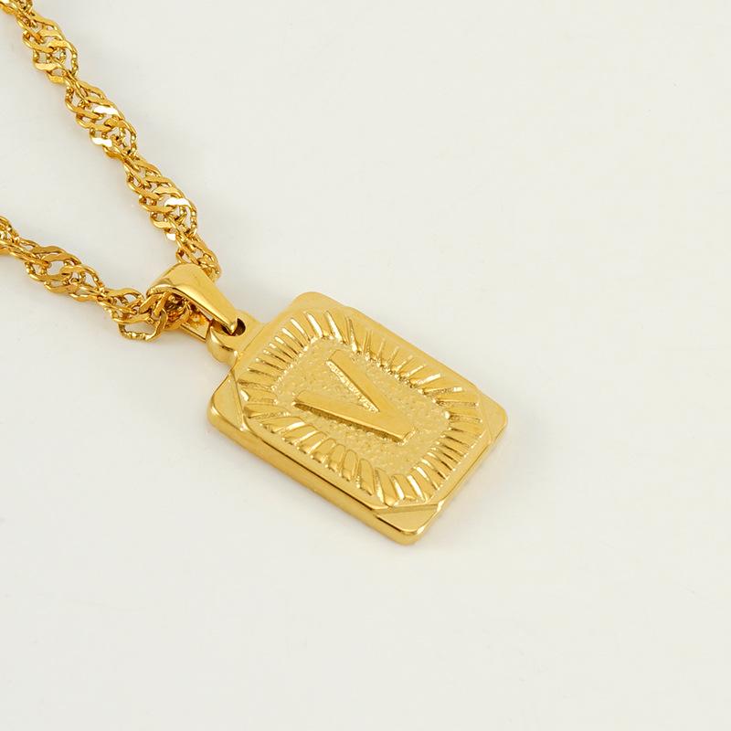 Men's 18K Gold Square Stainless Steel Alphabet Pendant Necklace