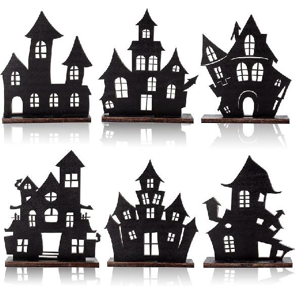 YLOLUL 6 Pcs Halloween Tabletop Wooden Centerpiece Decorations, Wood Haunted House Table Decor, Halloween Themed Haunted House Detachable Table Halloween Haunted House