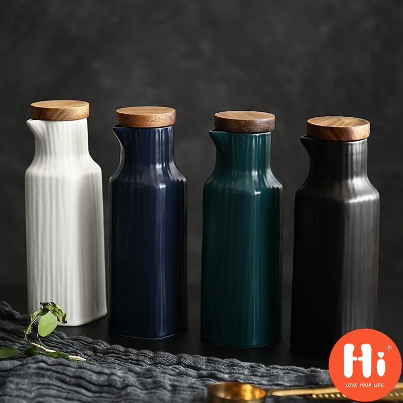 Hi Japanese Ceramic Salt Jar with Bamboo Lid Soy Simple Sauce Bottle Creative Leak-Proof Oil Vinegar Bottle Kitchen Tableware