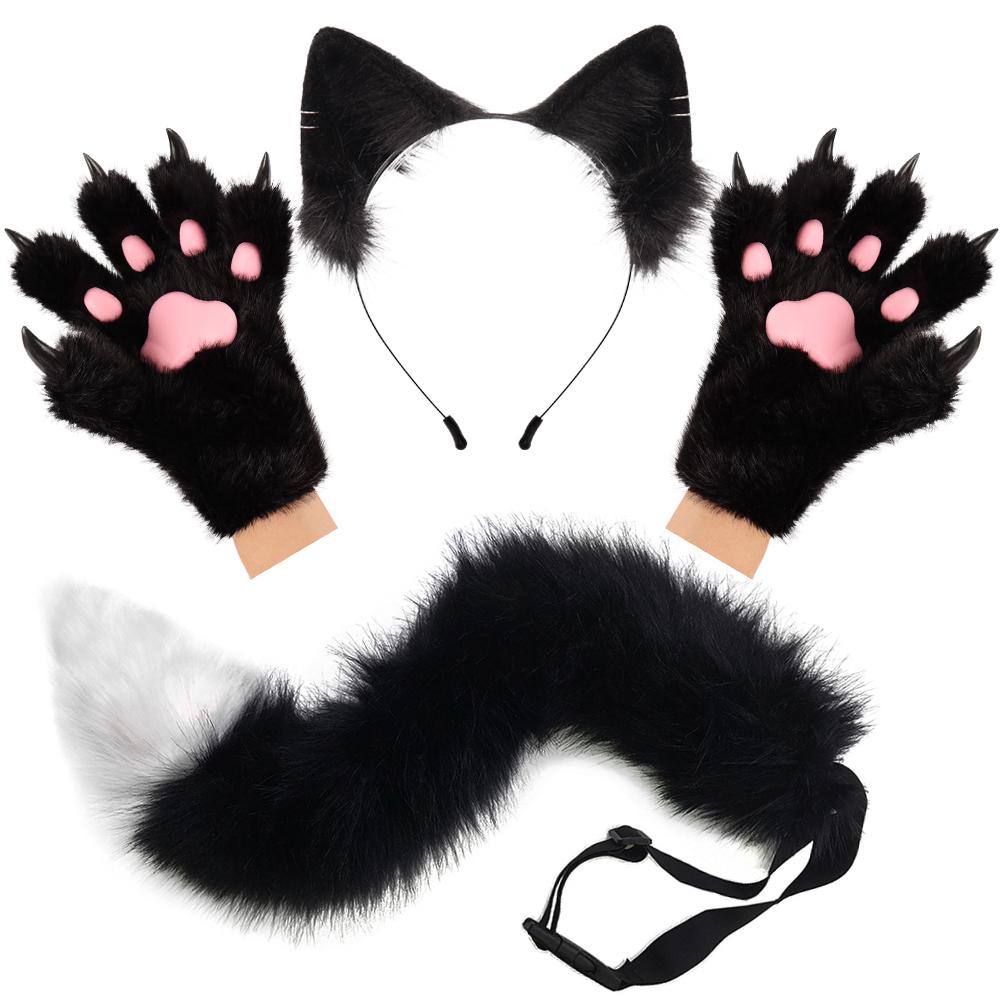 Fluffy Cat Ears Cat Long Tail Plus Cute Cat Paws Gloves Set Cosplay Costume Accessories Halloween Carnival Party Dress Up