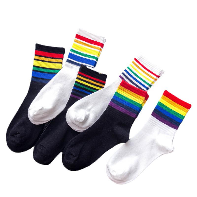 Girls' Japanese & Korean Style Rainbow Striped Mid-Calf Socks - Cute & Trendy