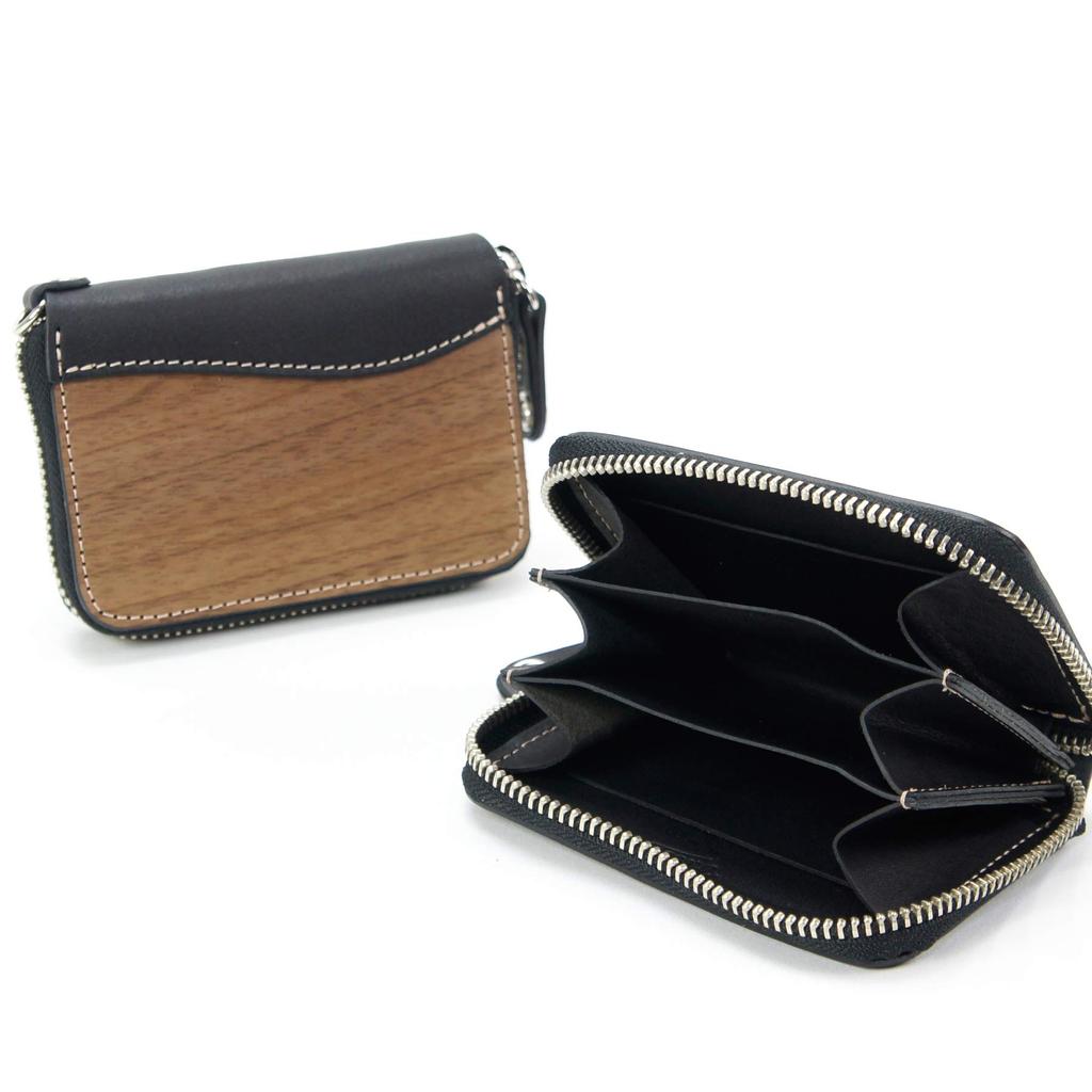 Round Mini Wallet Wallet Small Large Capacity Coin Case Genuine Leather Natural Wood Wood Leather Made In Japan Black