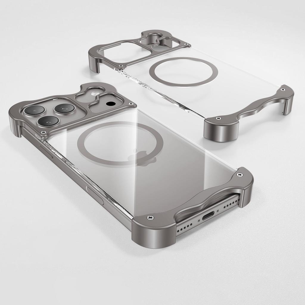 Frameless Magnetic Case For iPhone 17 Air 16 15 Pro Max Magnetic Cover Metal Corner Pad Protection PC HD Transparent Back Panel