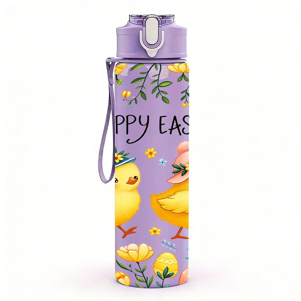 1PC Happy Easter Cute Chick Bunny Print 750ml Color Plastic Sports Water Bottle Leakproof Flip Straw Lid Suitable for Sports Office Home Use