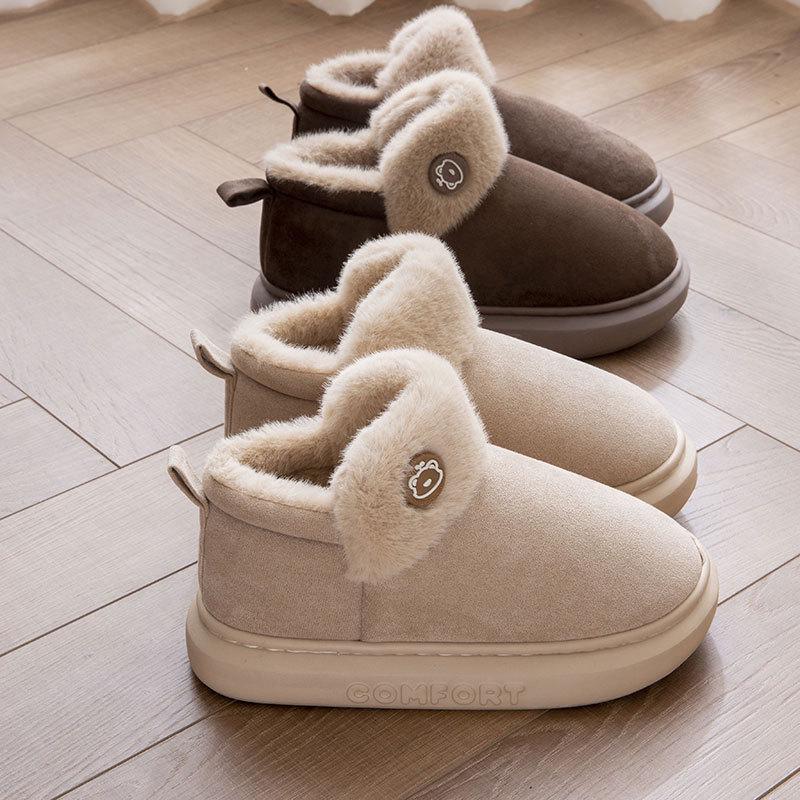 Women's and Men's Indoor Outdoor Cotton Slippers with Heels - Plush Velvet, Thick-Soled for Winter Comfort.