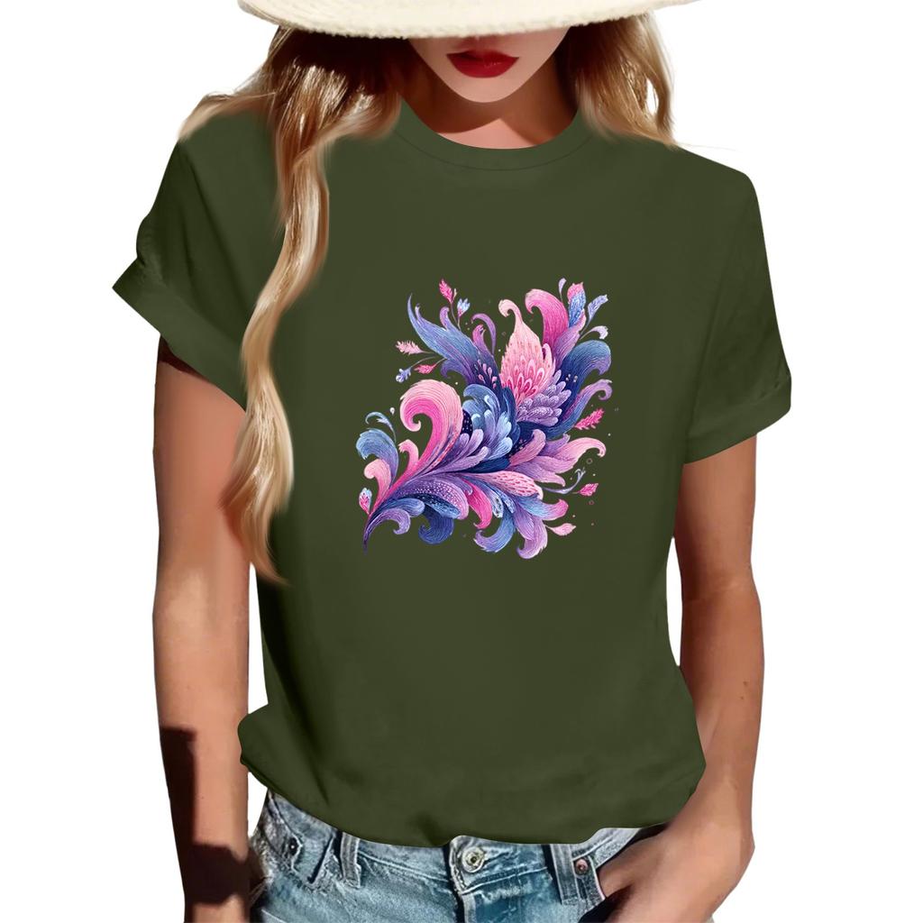 Women's Fashionable Round Neck Casual Retro Print Short Sleeved T-shirt Top