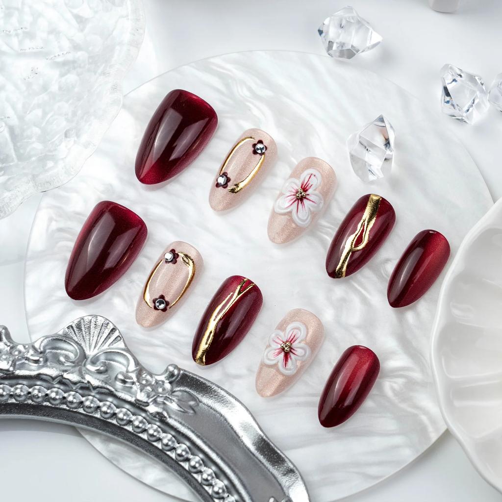 30 pieces of red 3d three-dimensional flower almond wearing armor advanced handmade small diamond fake nails