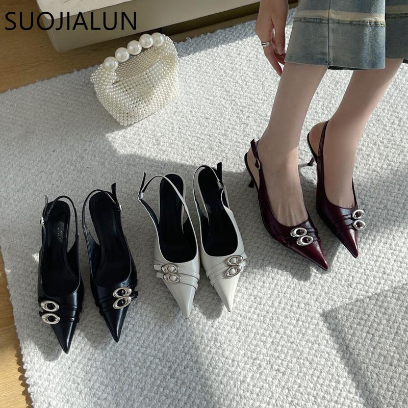 Fashion SUOJIALUN New Brand Women Sandal Fashion Buckle Pointed Toe Shallow Slip On Ladies Elegant Slingback Shoes Thin Low Heel Pumps