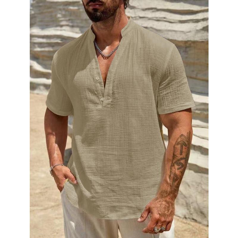Camisa Texturizada Azul Claro para Hombre con Cuello Alto, Top Henley Casual de Manga Corta, Tejido Transpirable para Verano