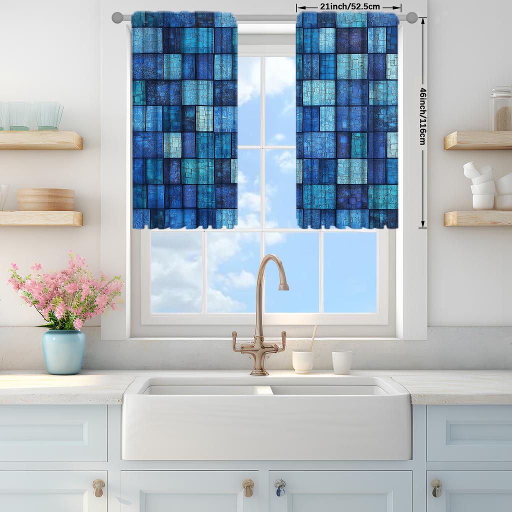 2pcs Retro Blue Mosaic Tiles Printed Curtain for Home Decor - Rod Pocket Window Treatment for Bedroom, Office, Kitchen