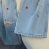 Women's Puppy Embroidered Washed Wide-Leg Jeans
