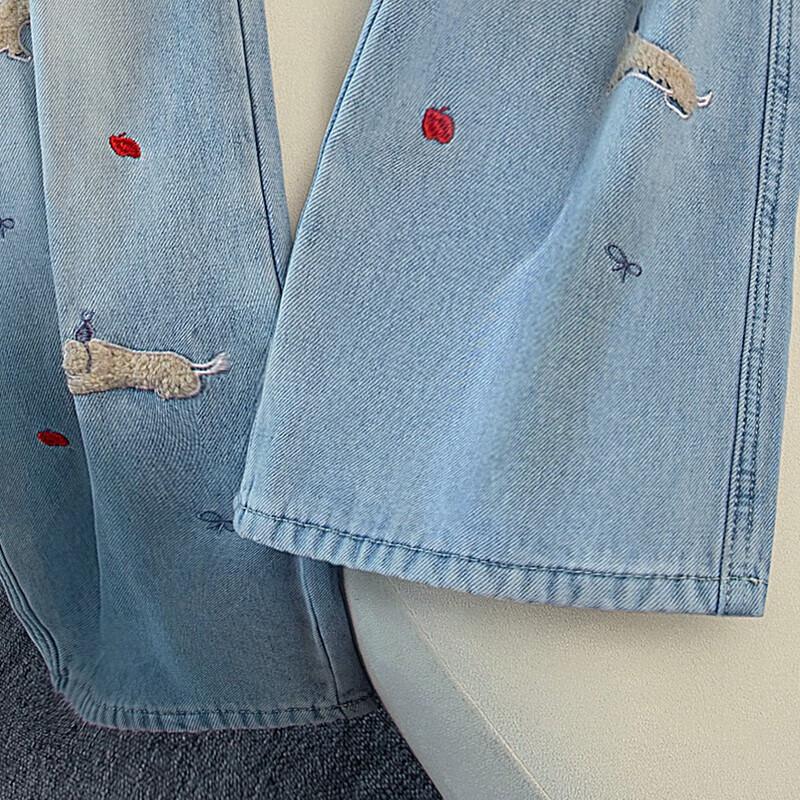 Women's Puppy Embroidered Washed Wide-Leg Jeans
