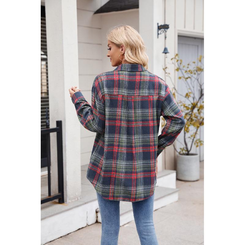 Spring and Autumn Women's New Casual Fashion Loose Plaid Pocket Shirt Jacket