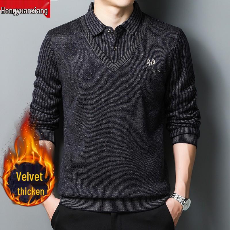 Hengyuanxiang Men's Pure Cashmere Two-Piece Look Thickened Winter Sweater