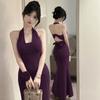 Pure desire sexy purple neck sling dress women's backless dress stepmother slim fit hip wrap dress dress dress