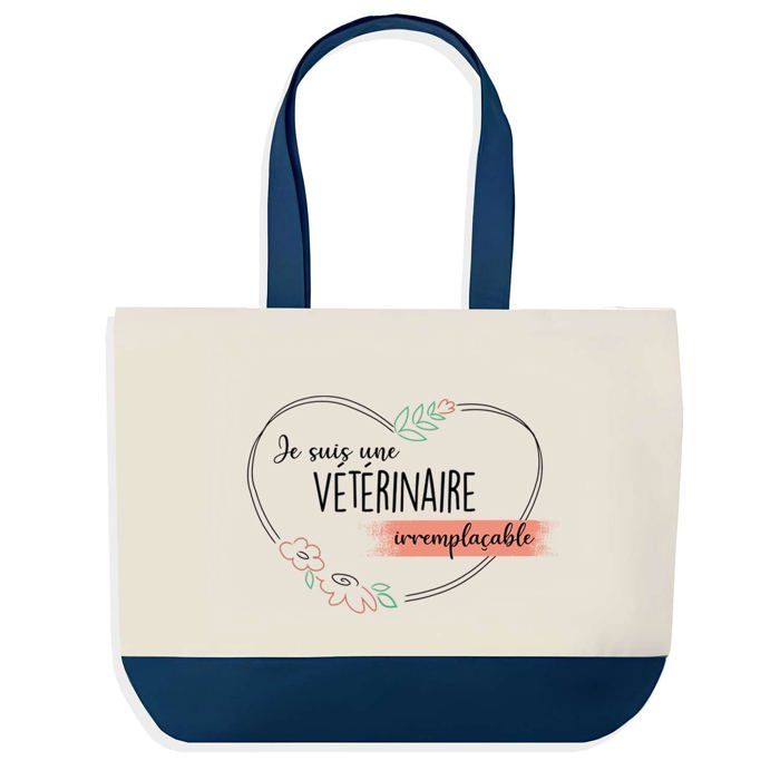 Tote bag - PLANETEE - Sac shopping fond bleu «Vétérinaire Irremplaçable» - Coton 40 x 45 cm - Sans fermeture - Fabriqué en France