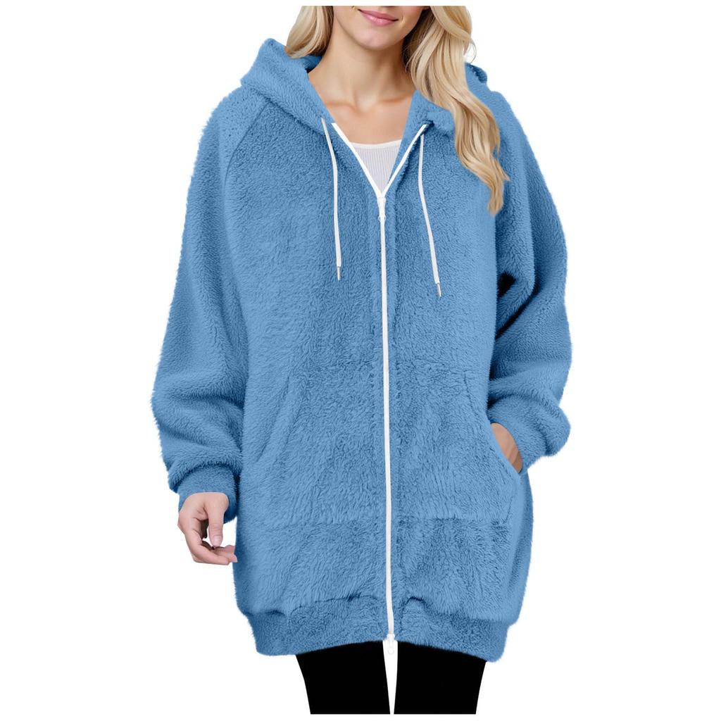 Womens Fleece Zip Up Jacket Long Sleeve Fuzzy Fall Winter Warm Drawstring Hoodie Coat Solid Outerwear With Pockets