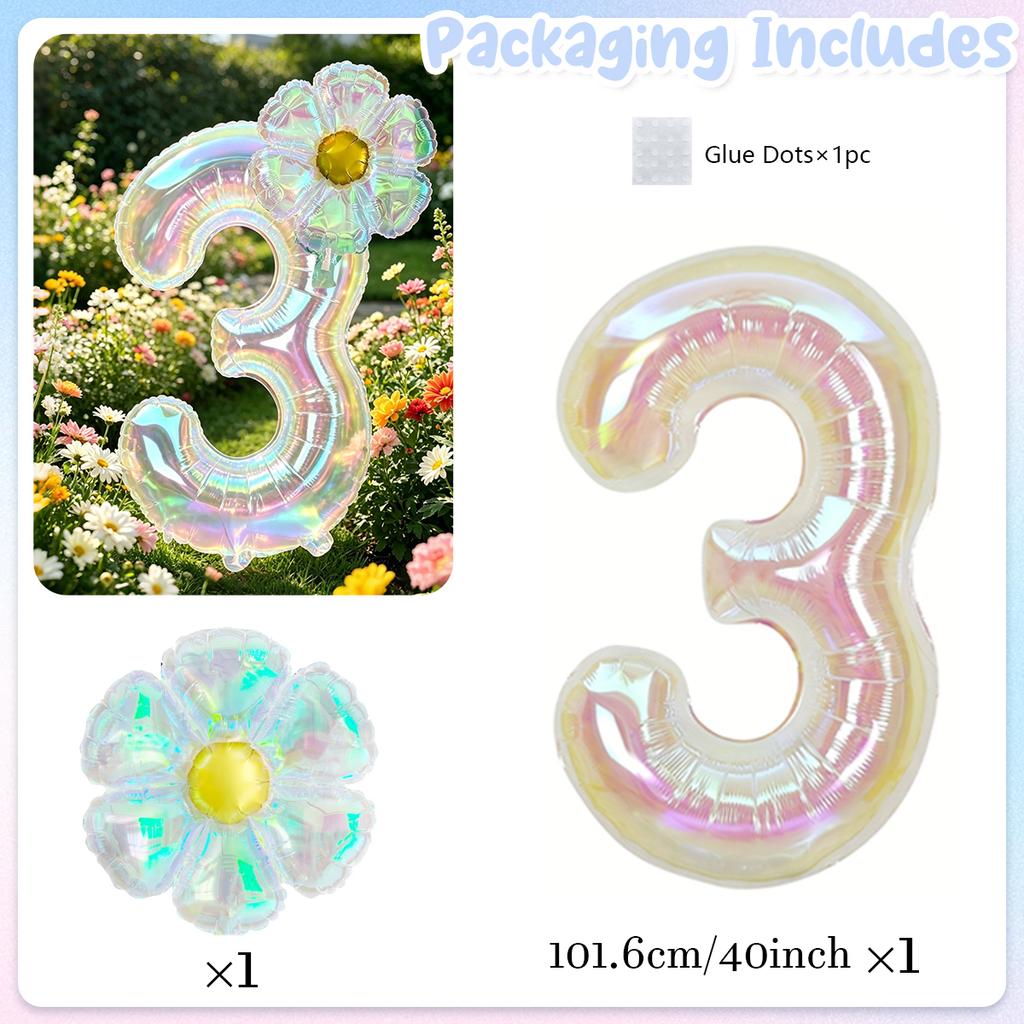 40Inch Colorful Transparent Number Balloons & Large Transparent Daisy Foil Balloons, For Birthday Party, Anniversary Decoration