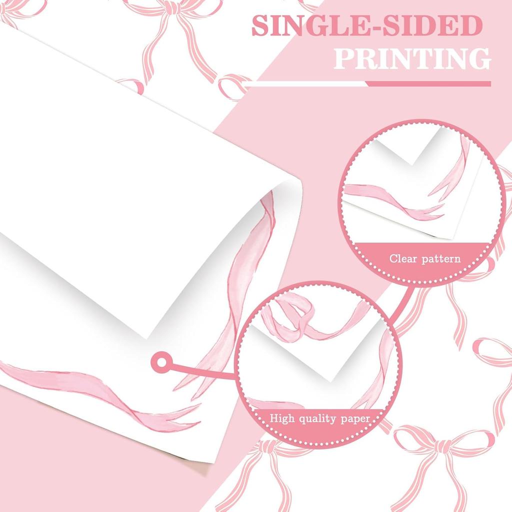 60 Sheets Bow Border Stationery Paper Pretty Pink Ribbon Bow Writing Paper For Party Invitation Office School Printing, 8.5 x 11 Inch, Single-Sided
