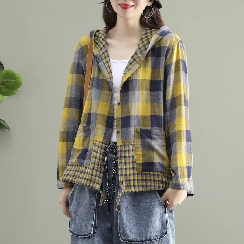 Artistic Retro Checkered Long Sleeved Shirt for Women Spring Autumn Drawstring Tied Casual Short Cardigan Jacket
