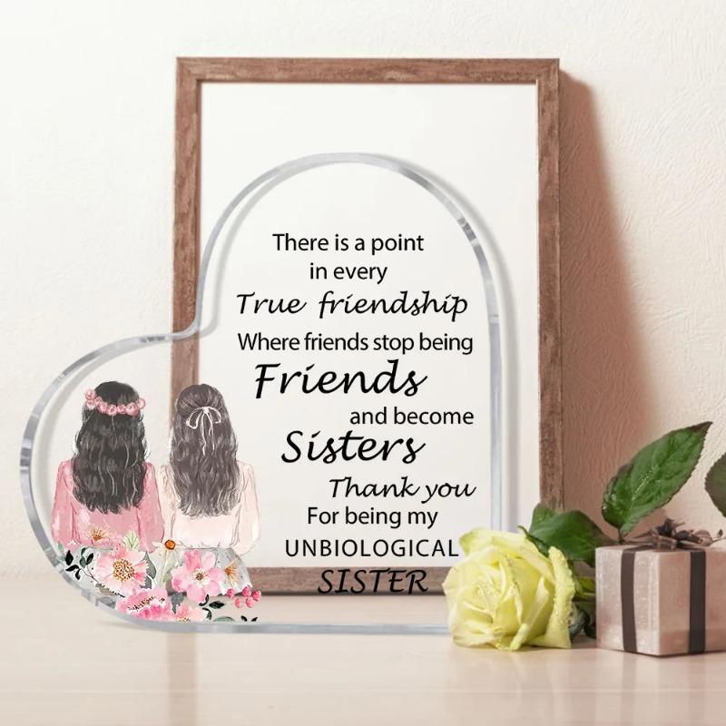 2D Flat Acrylic Heart Sister Gift Desktop Decoration Plaque, Home Decor Plaque Hanging Wall Art Decorative Garden Decoration for Room Door Signs Hangi