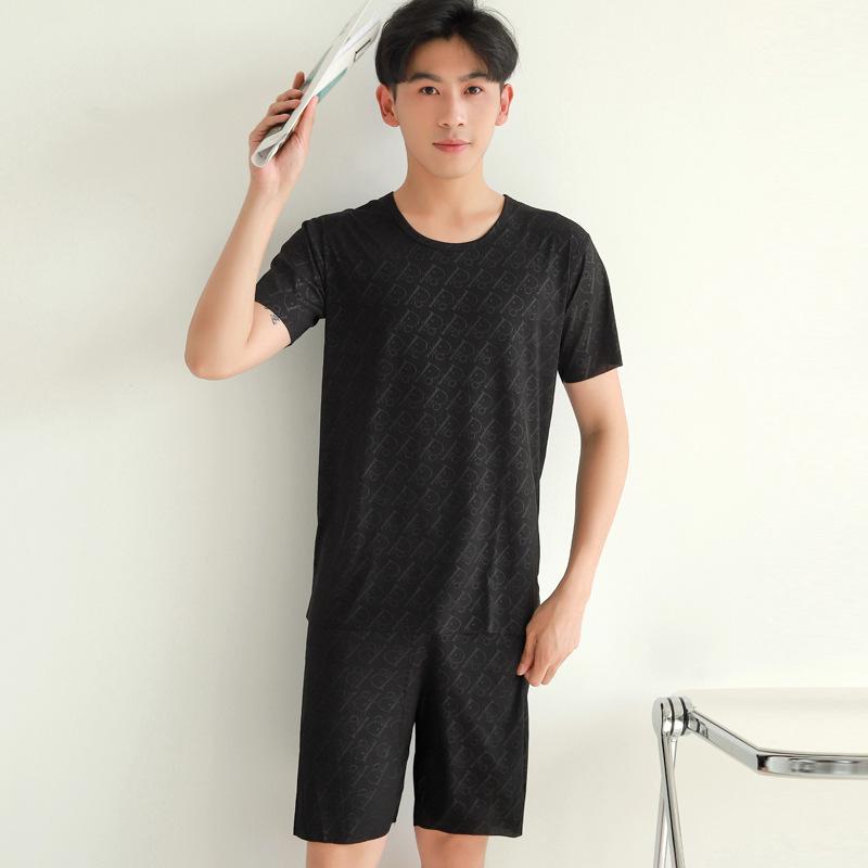 Men's Ice Silk Short Sleeve Pajama Set with Round Neck, Ribbed Shorts, and Versatile T-shirt for Indoors and Outdoors