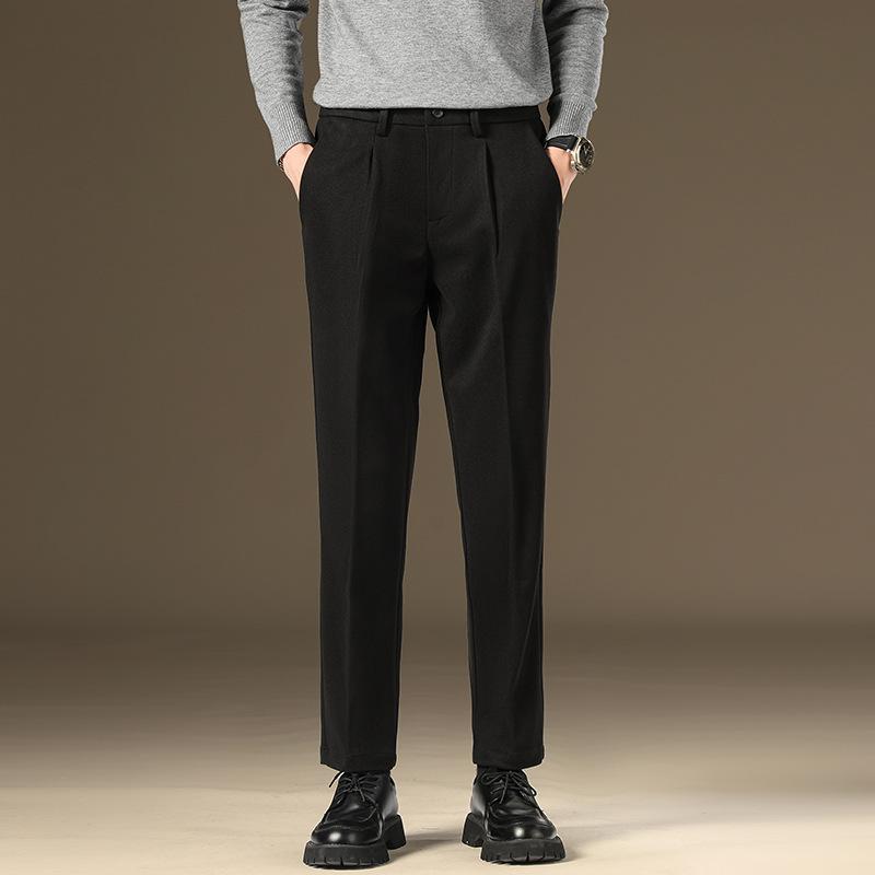 Light luxury winter woolen trousers men's casual pants men's slim straight trousers British elastic casual trousers nine points