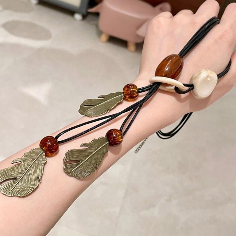 Long Bohemian Ceramic Bead Strand Necklace Ethnic Leaf Pendant Fringe Jewelry for Women Summer Statement Accessory