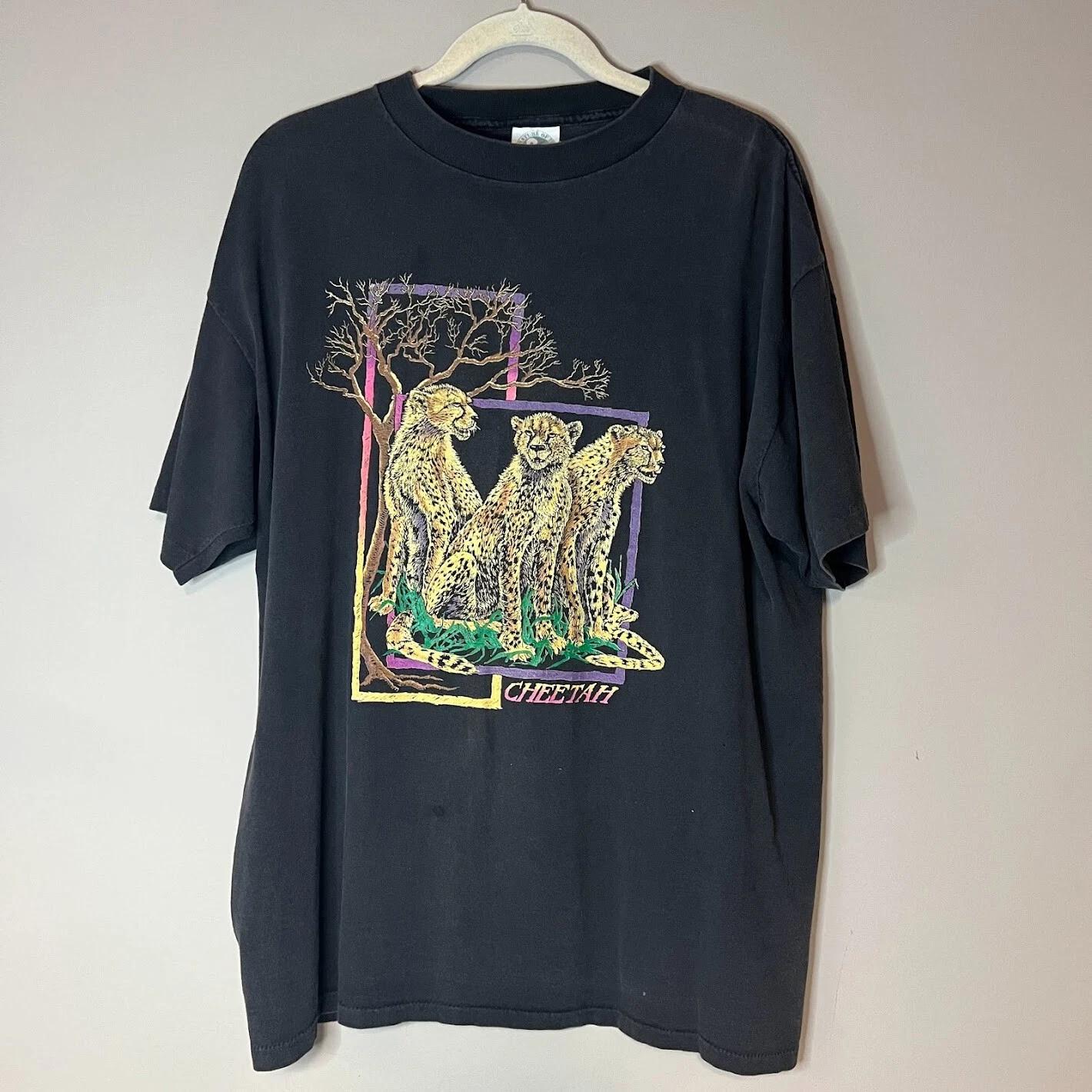 VTG Cheetah Big Cat Neon Graphic T-Shirt Single Stitch Adult XL 80s 90s M