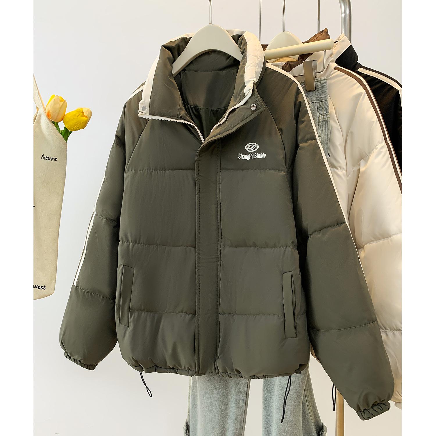 

American retro side striped cotton jacket women s 2025 winter trendy brand casual warm bread jacket stand-up collar jacket XXL