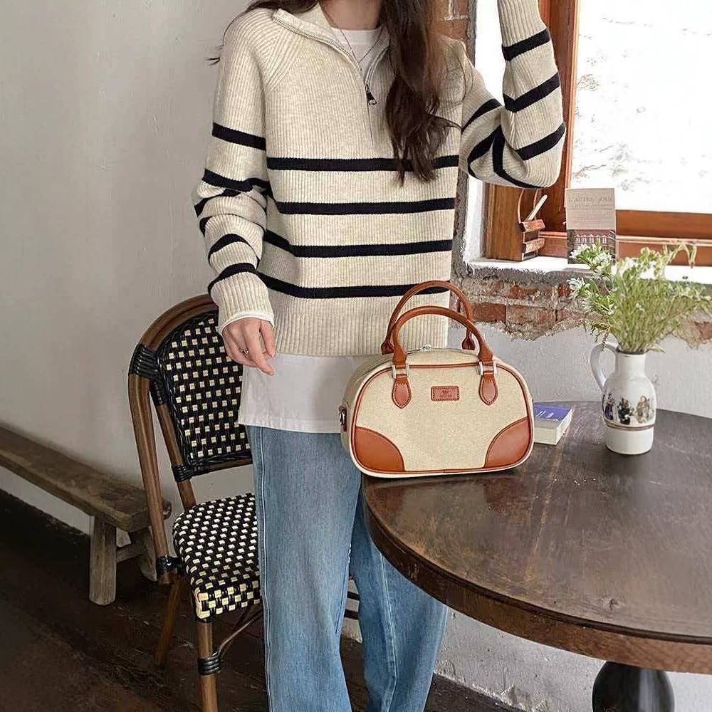 Korean Style Retro Half-Zip Striped Sweater for Women - 2026 Autumn New Arrival Knitwear Pullover