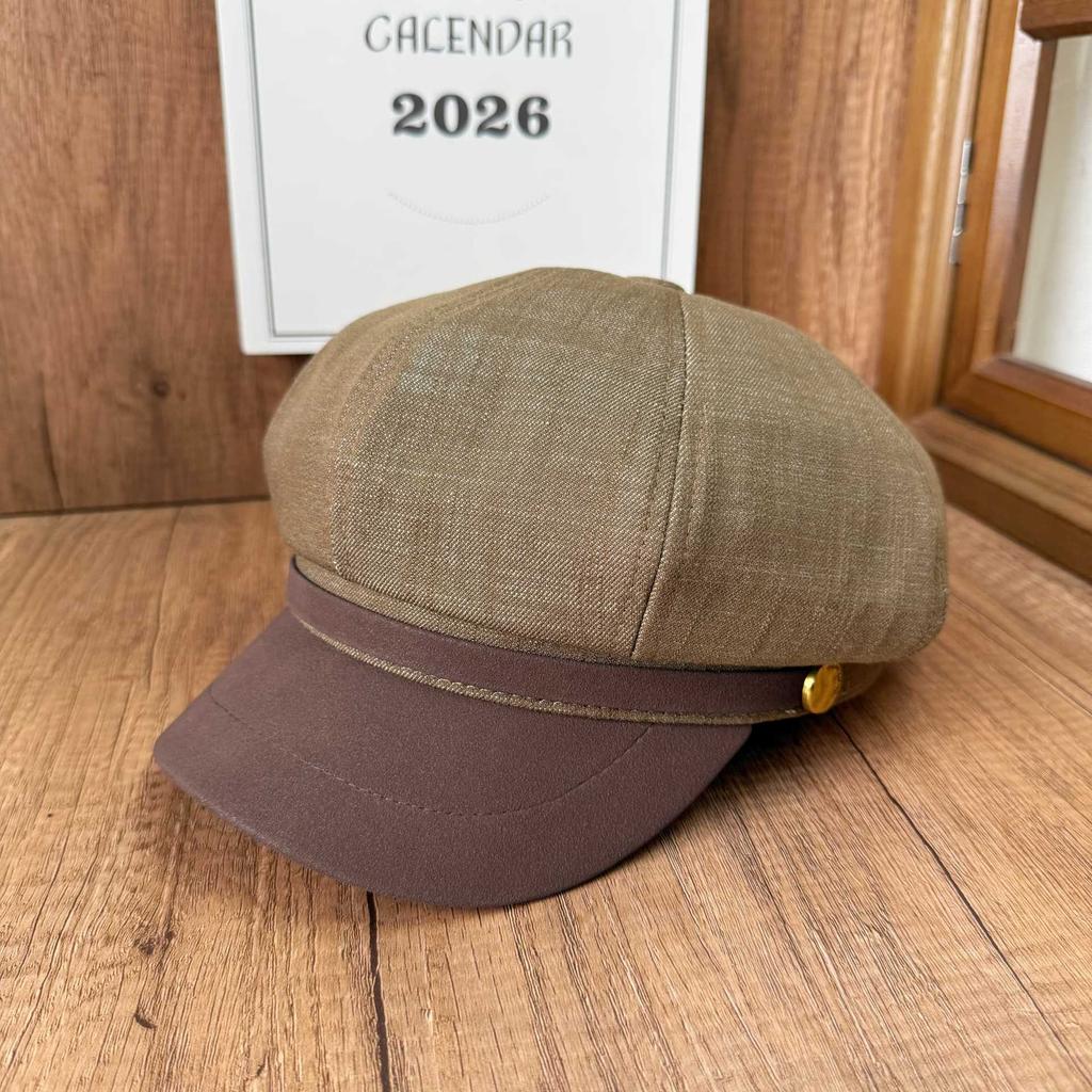 Temperament contrasting octagonal hat women's metal buckle newsboy hat British style splicing brim beret autumn versatile hat