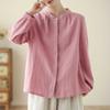Spring Powder Woven Linen Solid Color Artistic Versatile Loose Long Sleeved Stand Up Collar Shirt Blouses & Shirts
