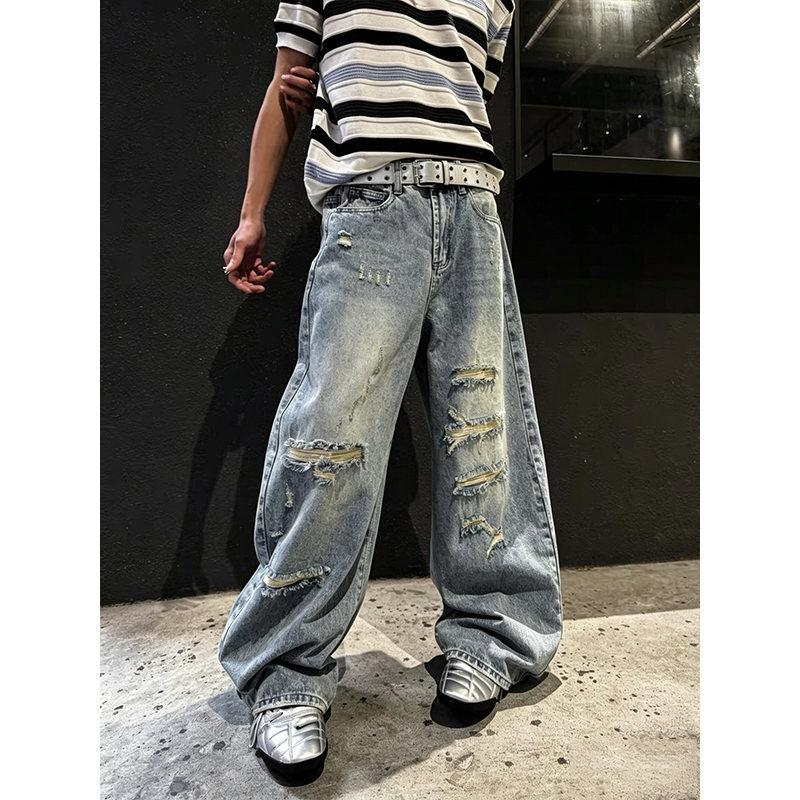 American ripped jeans men's spring and autumn new straight loose wide-leg casual pants washed trousers men