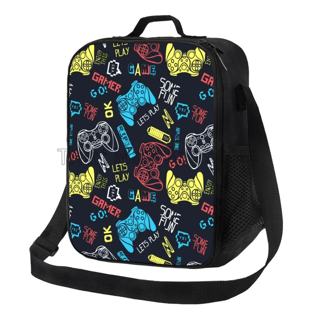 Colorful Video Game Lunch Bags Thermal Lunch Box Insulated Cooler Bag Reusable Tote Shoulder Bag for Outdoor Picnic Meal Office