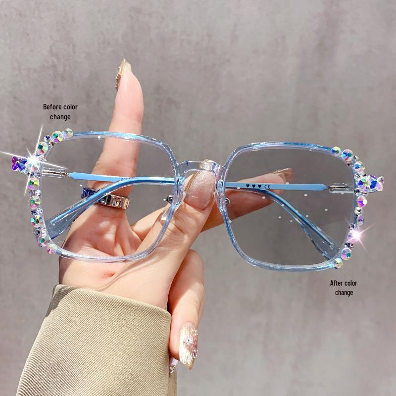 Women's Photochromic Glasses with Starry Sky Diamonds, Cross-Drilled Design, Ultra-Light Anti-Blue Light Frame
