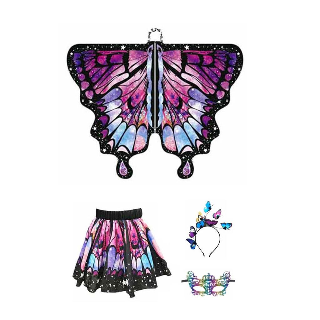 Schmetterlingsumhang für Kinder, Performance, Cosplay, buntes Feenflügel-Kostüm mit flatternden Ärmeln, mehrlagigem Saum, Karnevalsrock, Halloween-Stirnband, Maske